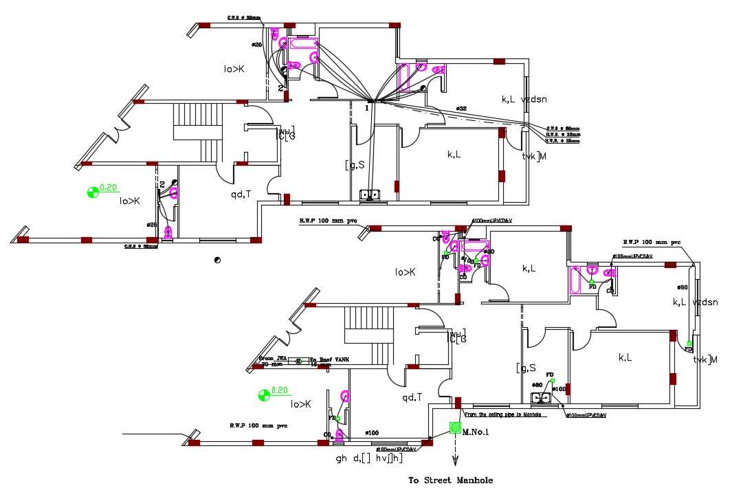 3 BHK Residence House Plumbing Plan AutoCAD File Cadbull
