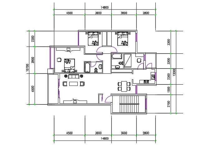 3 Bedroom Bungalow House Plans With Furniture Drawing Autocad File - Cadbull