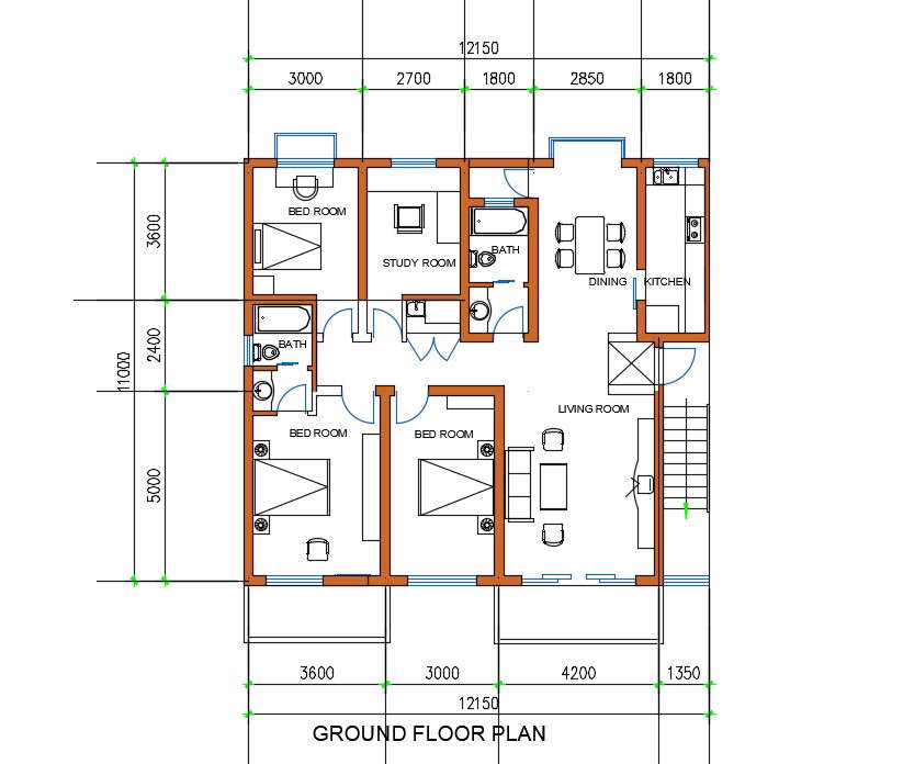 3 Bedrooms House Plan AutoCAD Drawing Download DWG File - Cadbull