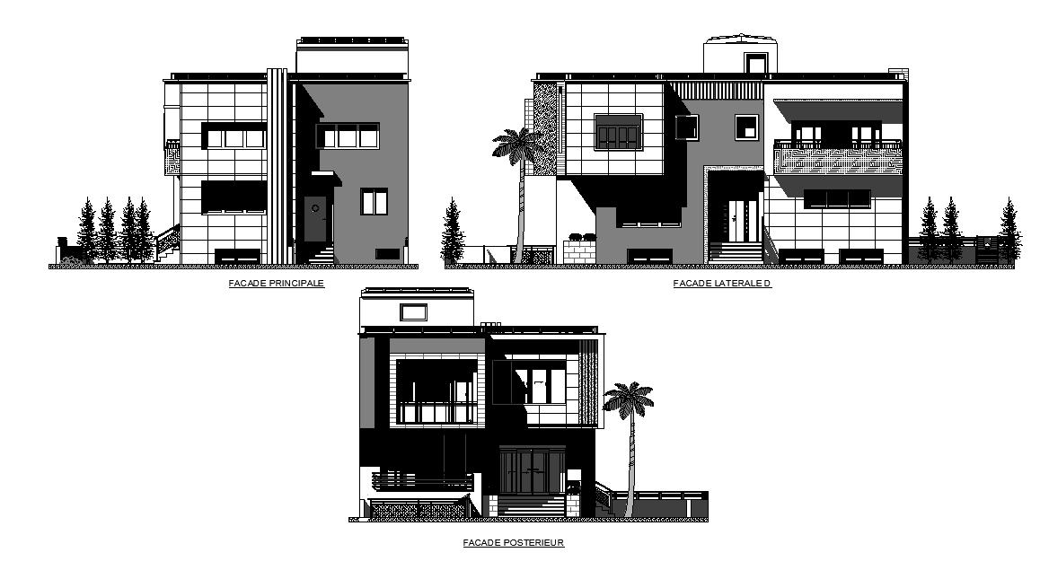 3 Bedroom villa building elevation has given in this Autocad drawing ...