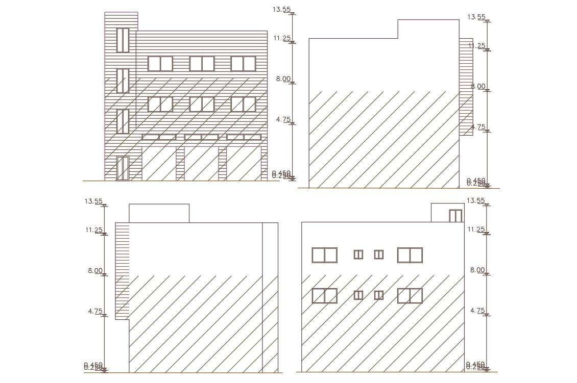 3 Storey Apartment Building Four Side Elevation Design - Cadbull
