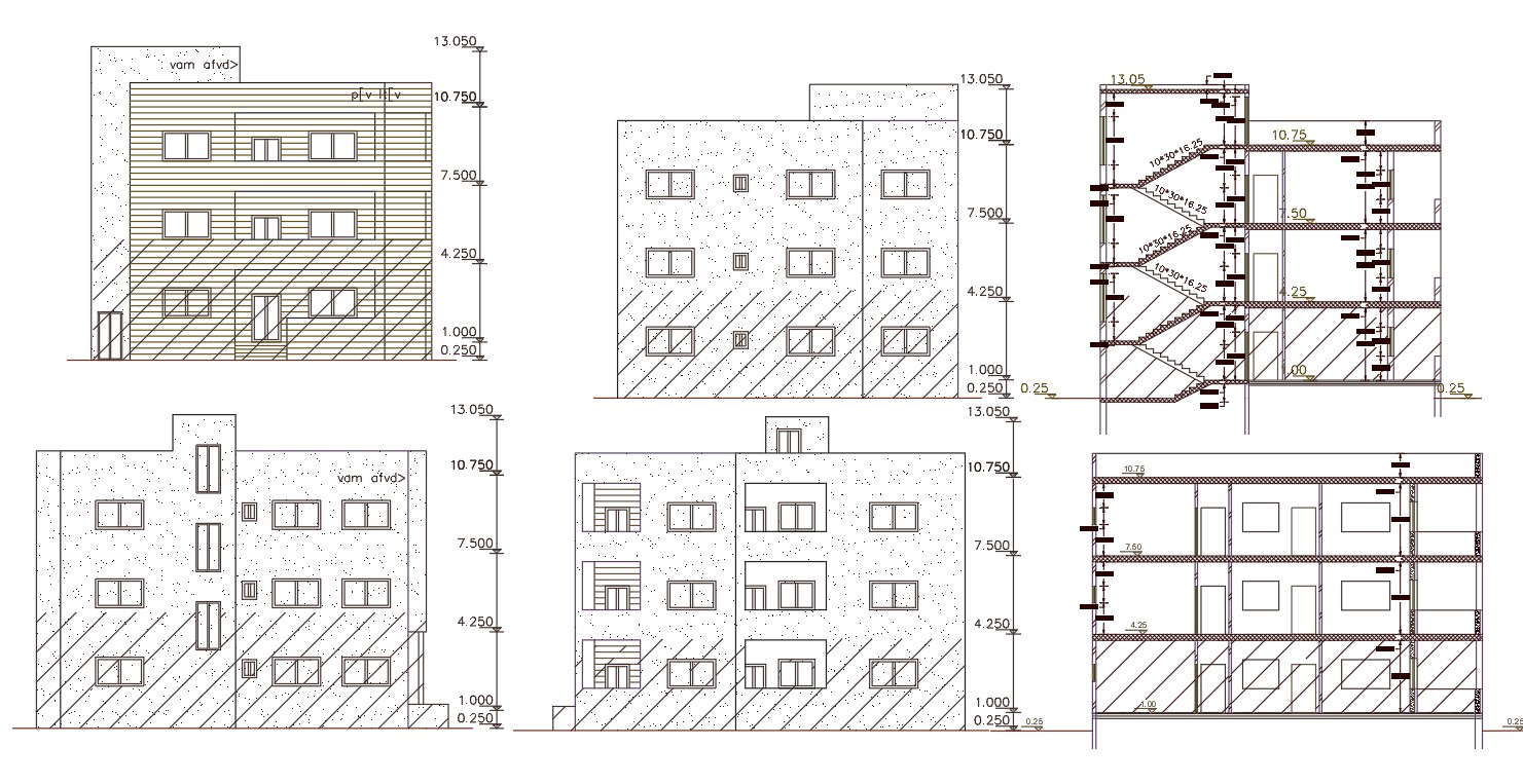 3 Storey Apartment Building Section And Elevation Drawing - Cadbull