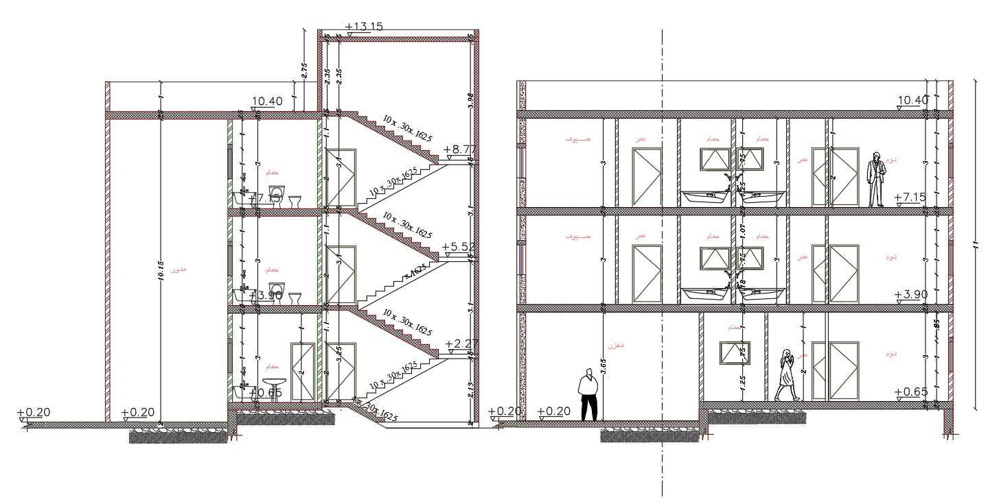 3 Storey Floor Level Apartment Building Section Drawing DWG File - Cadbull