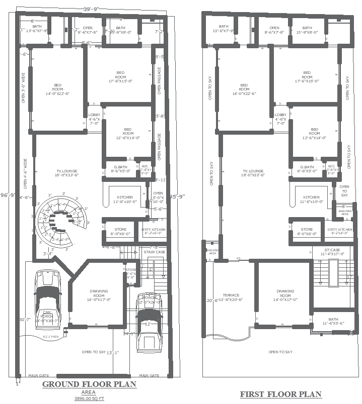 3bhk house plan with Circular staircase in area of 3896sqft detail DWG ...