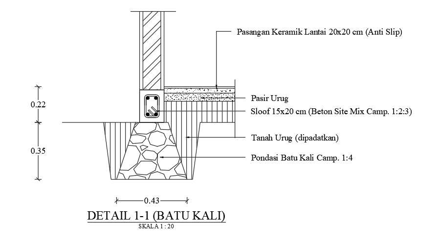 3x3m toilet building foundation section view - Cadbull