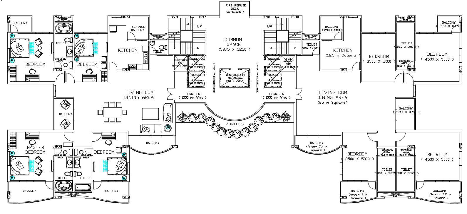 4 BHK Flat Plan Design With Furniture and texting Drawing Free File ...