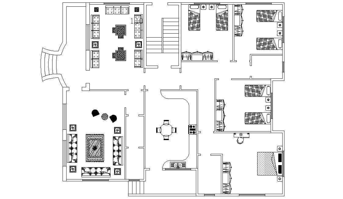 Bhk Residence Bungalow Furniture Layout Plan Cadbull