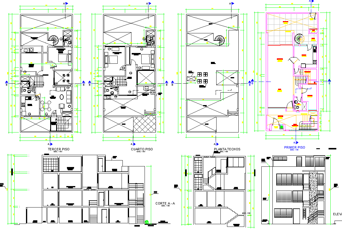 4 Story House Plan dwg file - Cadbull
