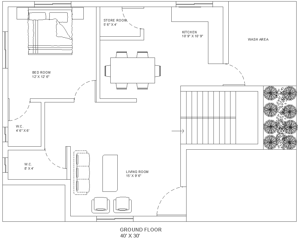 40X30 ft house ground floor plan with furniture layout DWG autoCAD ...