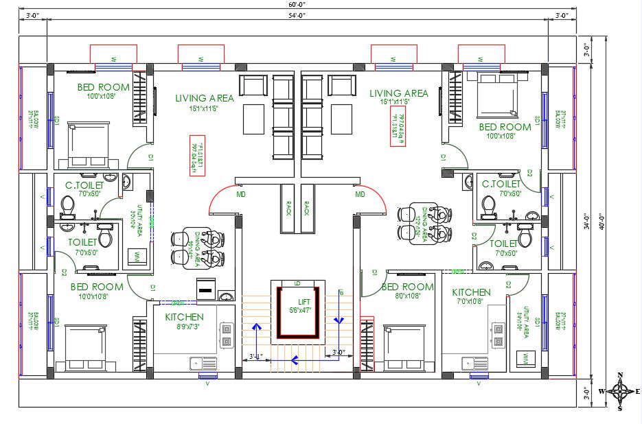 40 X60 Architecture 2 Bhk Apartment House Layout Drawing Dwg File Cadbull