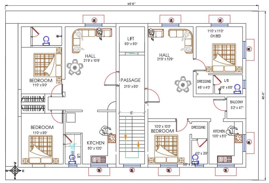 40x60 Feet 2 Bhk Apartment With Furniture Layout Drawing Dwg File Cadbull