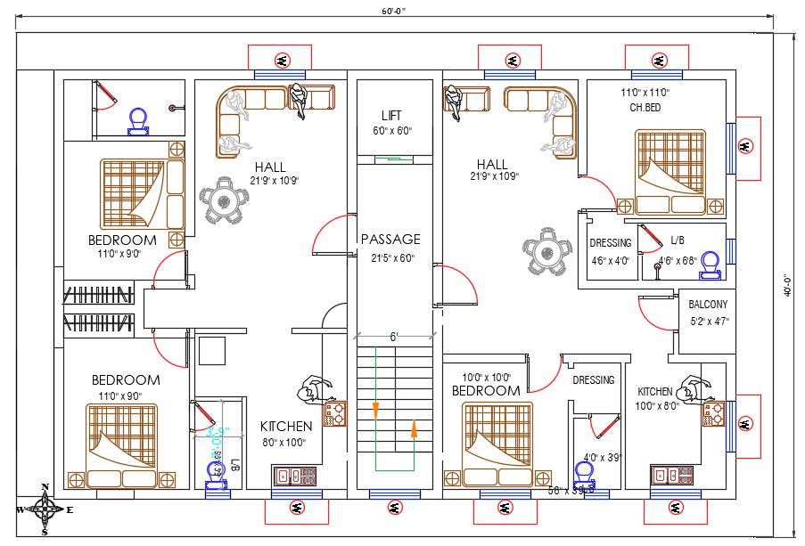 North Facing Bhk House Plan With Furniture Layout Dwg