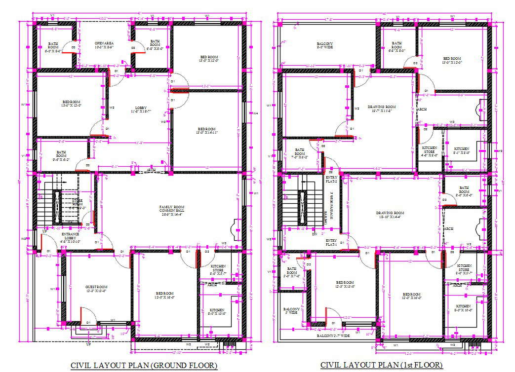 40X60 House Civil Layout Plan Ground Floor And First Floor Drawing