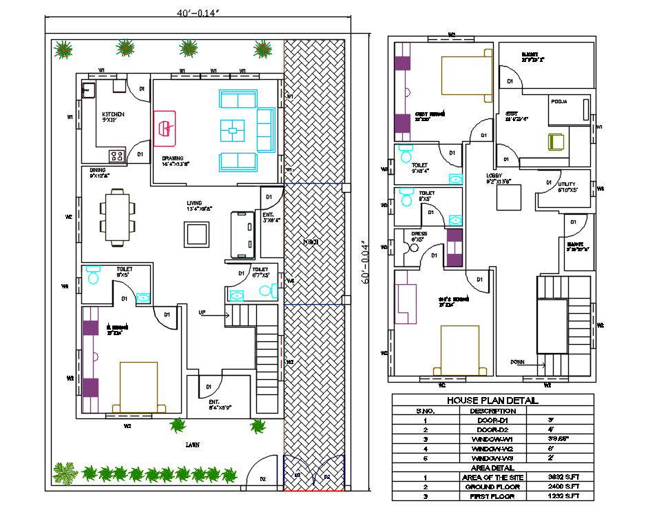 40 X60 House Plan With Furniture Layout DWG File 2400 Square Feet Cadbull