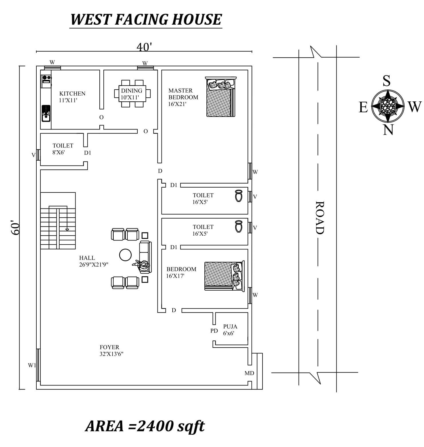 40 X60 Marvelous Furnished 2bhk West Facing House Plan As Per Vastu Shastra Autocad Dwg And Pdf File Details Cadbull