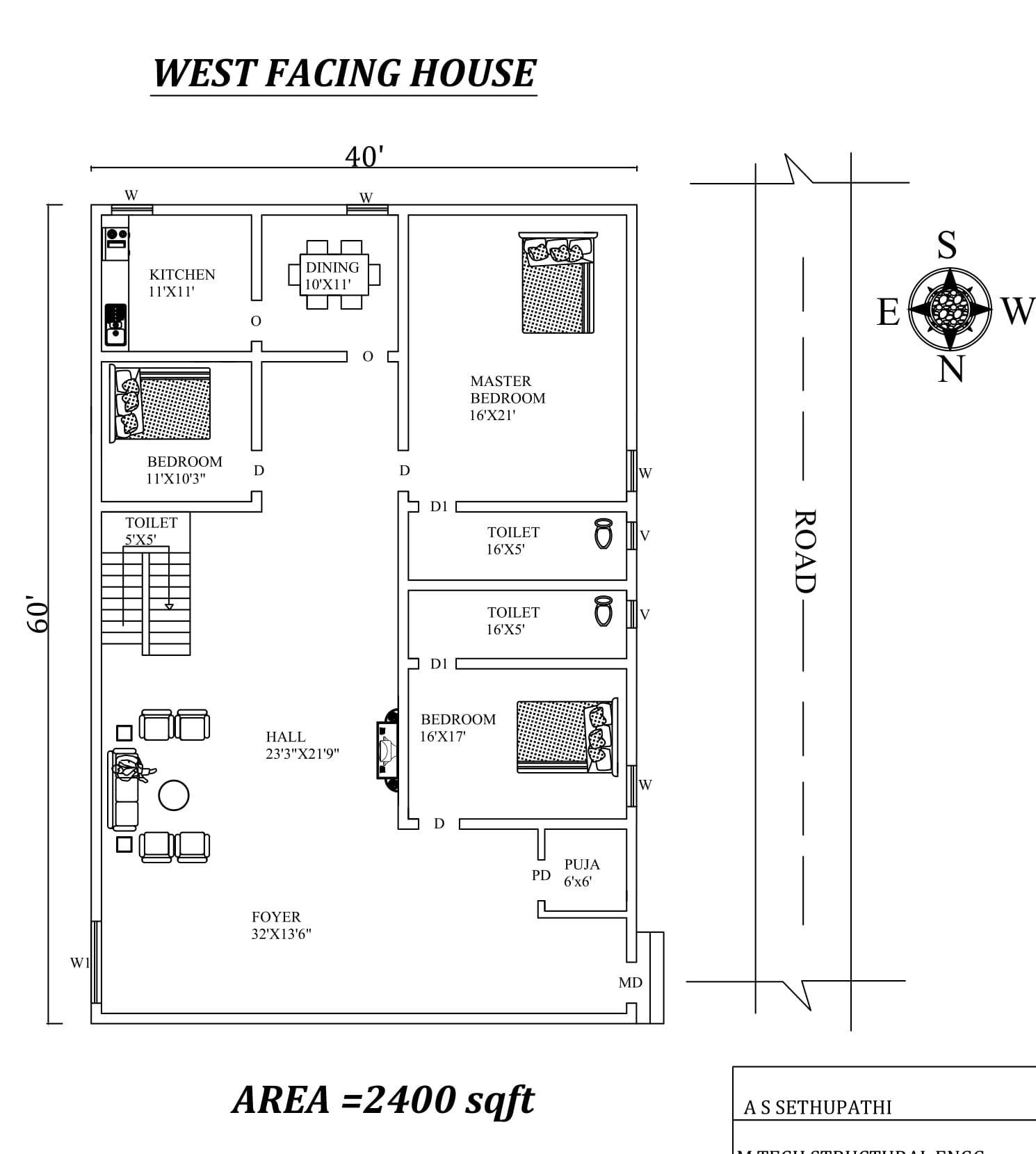 40'X60' Marvelous Furnished 3bhk West facing House Plan As Per Vastu ...