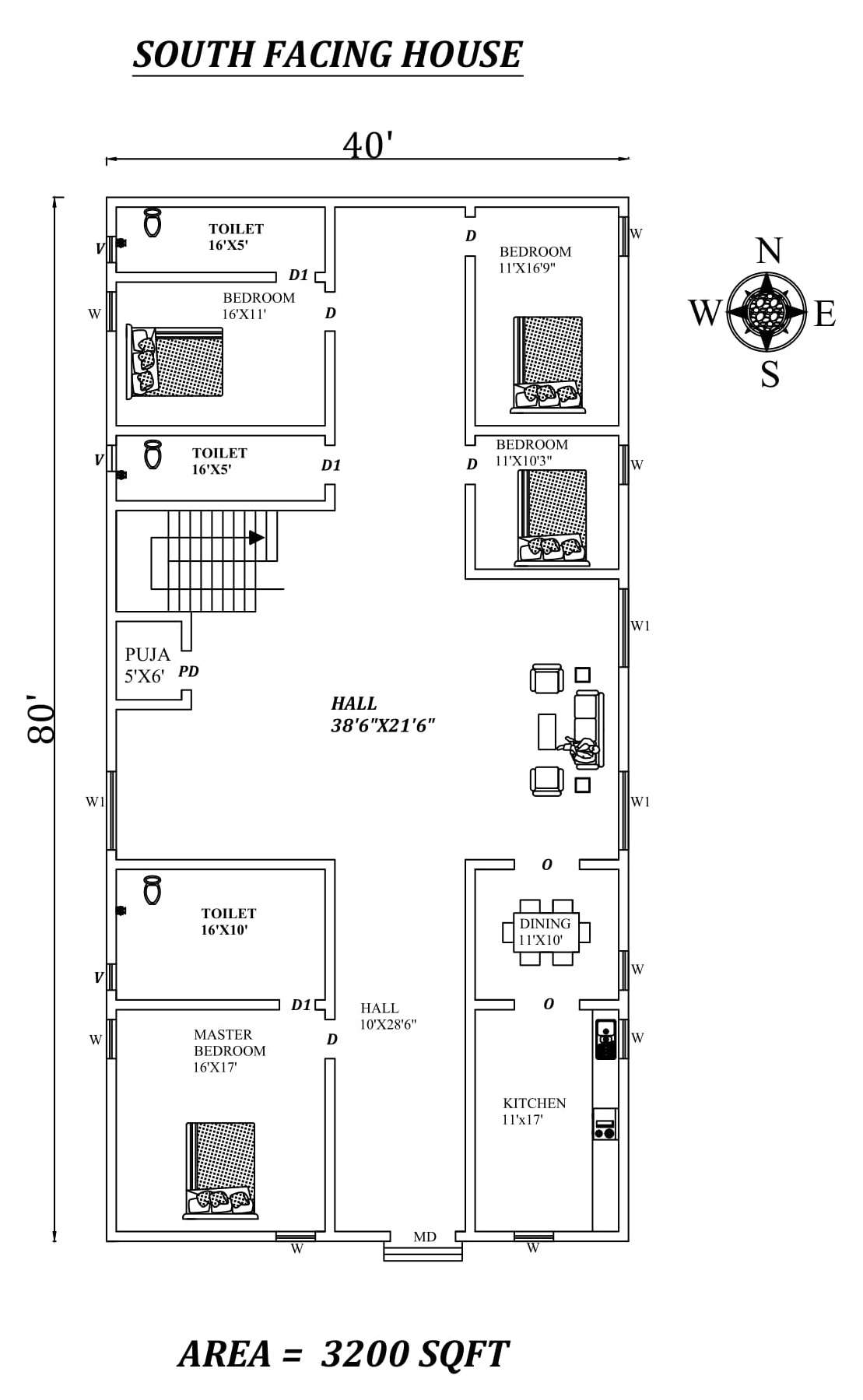 40'X80'4bhk South facing House Plan As Per Vastu Shastra.Autocad DWG ...