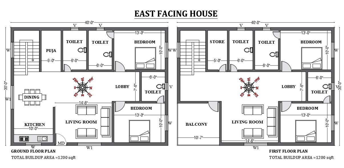 40 x30 East Facing House Plan As Per Vastu Shastra Is Given In This FREE 2D Autocad Drawing