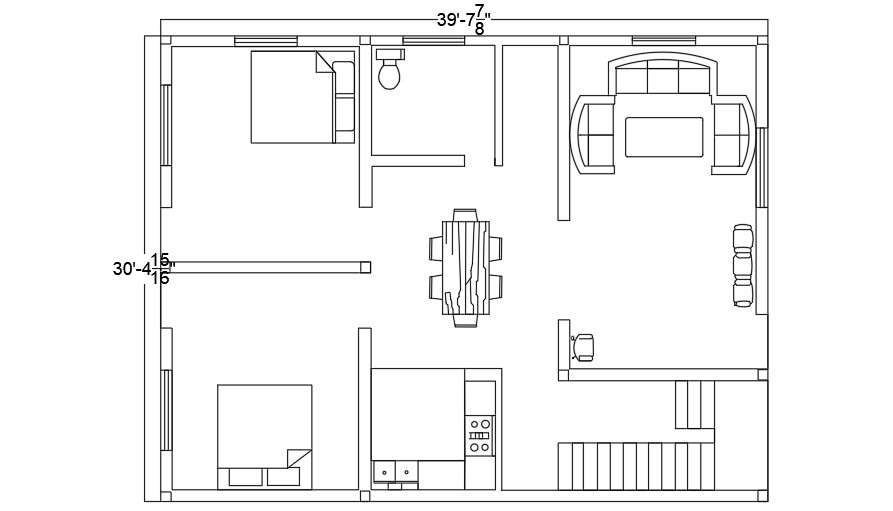 40x30 Feet 2 Bhk Autocad Plan Layout File Cadbull 3938