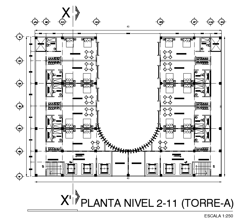 40x30m 2nd to 11th floor level hotel plan is given in this AutoCAD ...