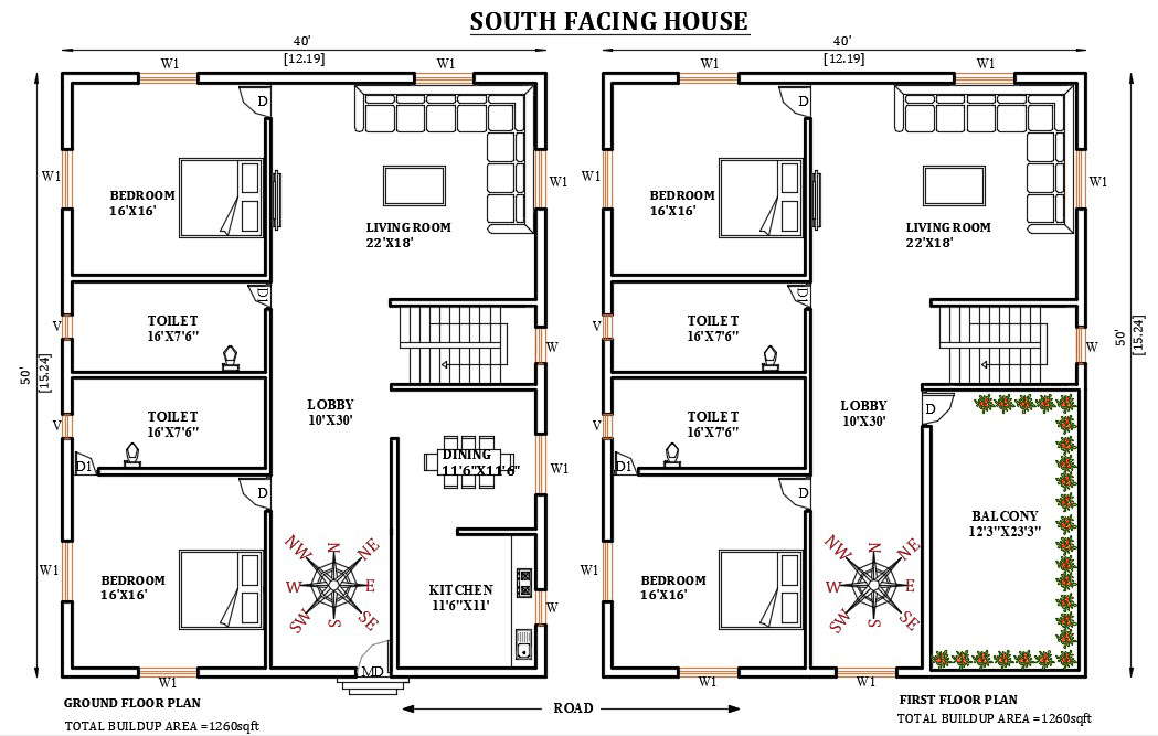 40 X50 South Facing House Plan Is Given In This Autocad Drawing File Download The Autocad Drawing File Cadbull