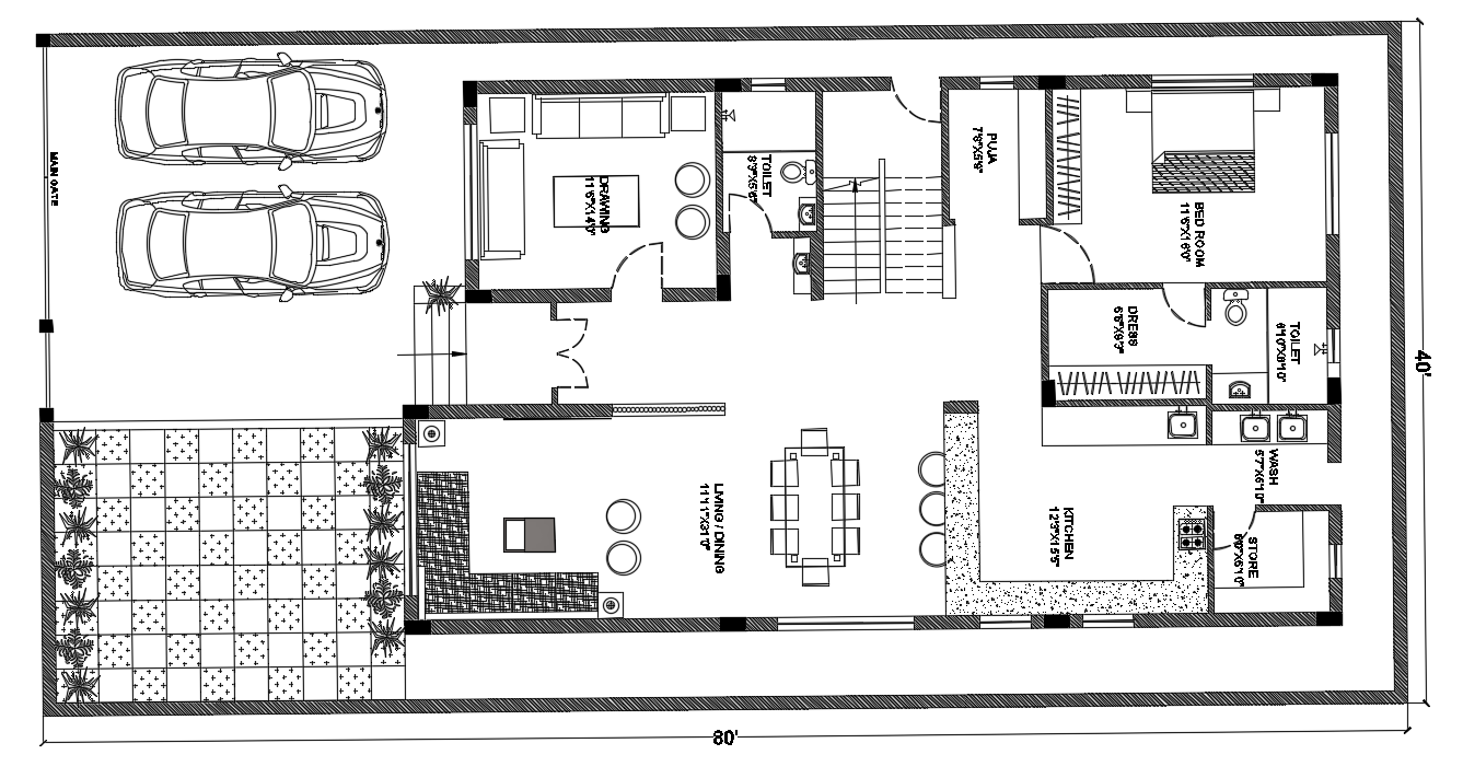 40'x80' house design cad drawing is given in this cad file. Download