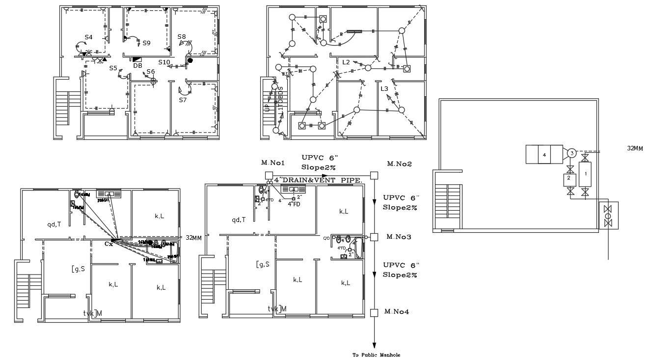 42 Feet By 32 Feet House Electrical and Plumbing Plan - Cadbull