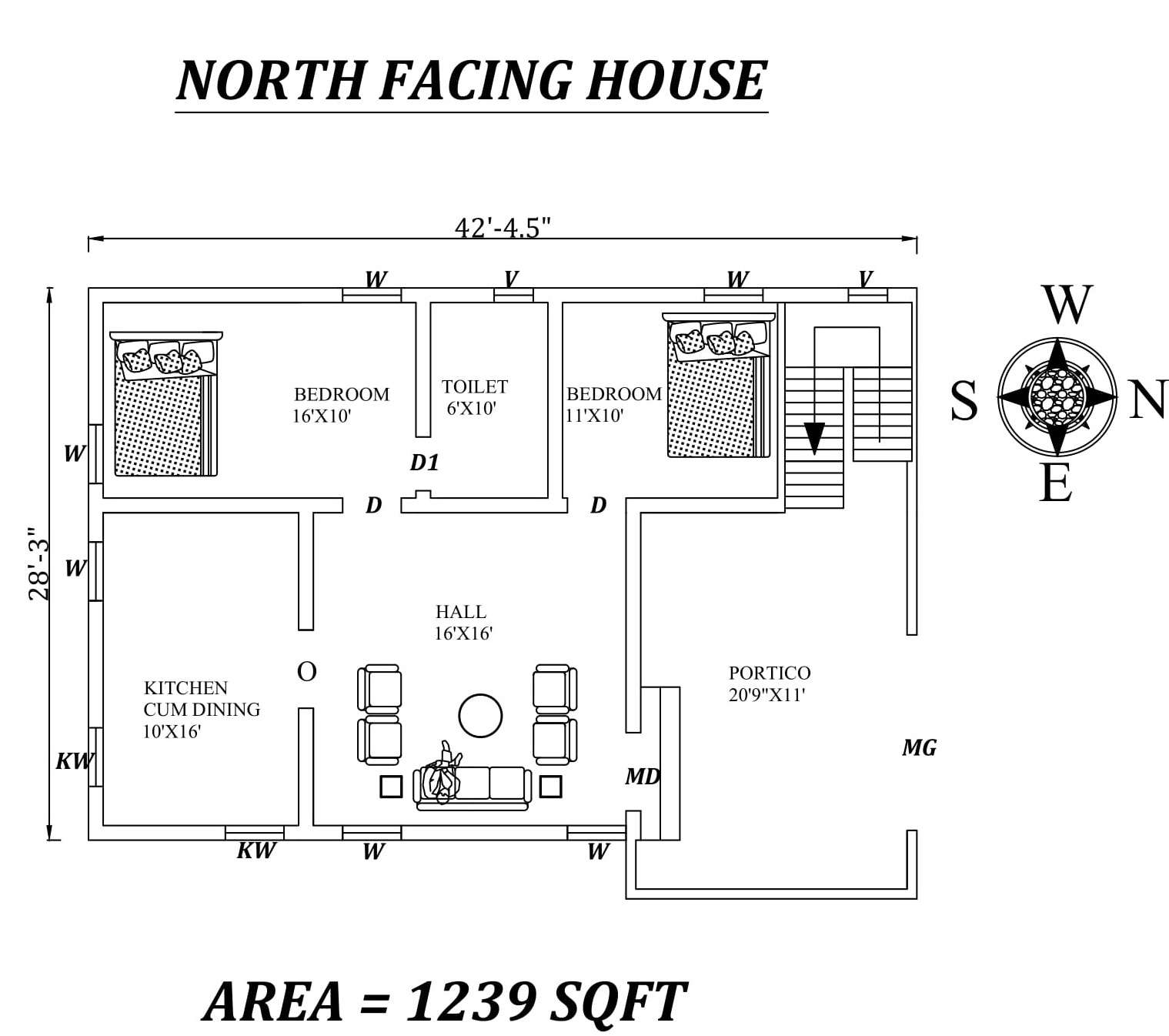 42'5"X28'3" Amazing North facing 2bhk house plan as per Vastu Shastra