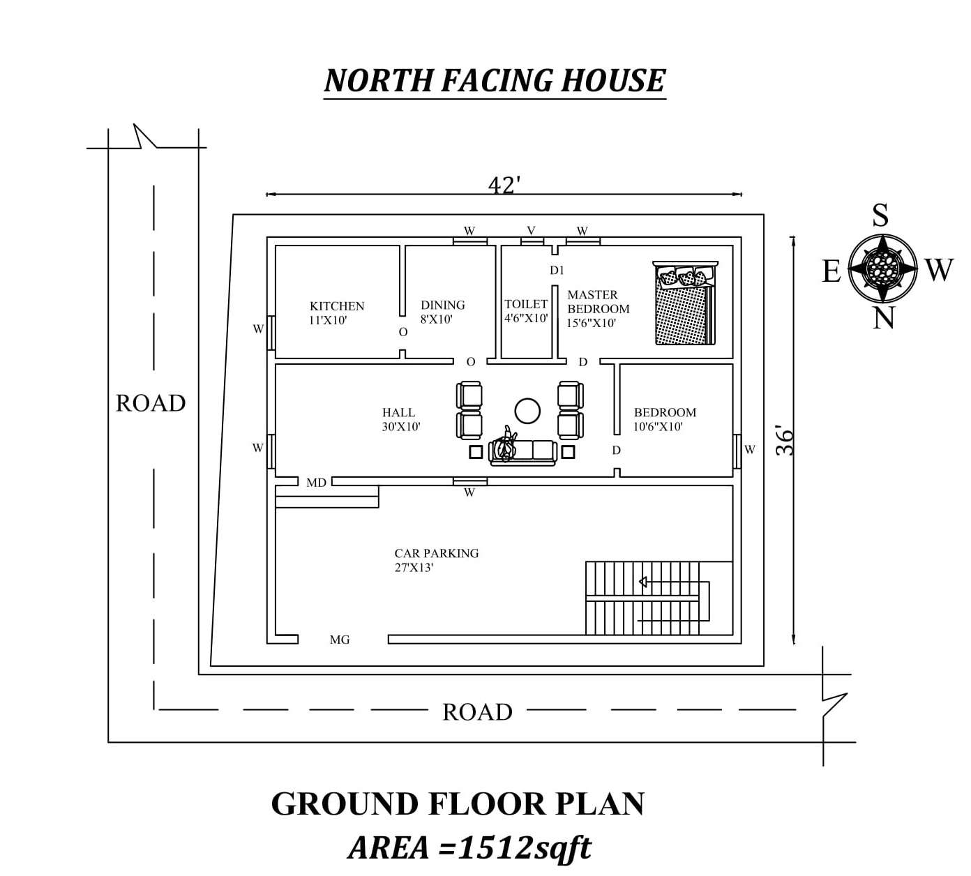 42'X36' Amazing North facing 2bhk ground floor house plan as per vastu ...