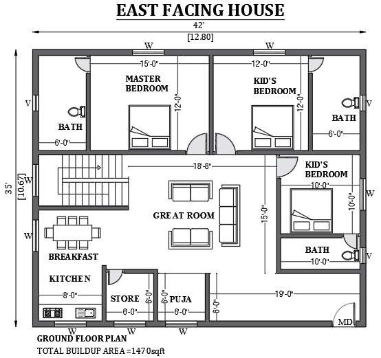 42'x35' East facing house design is given in this FREE 2D Auto cad ...