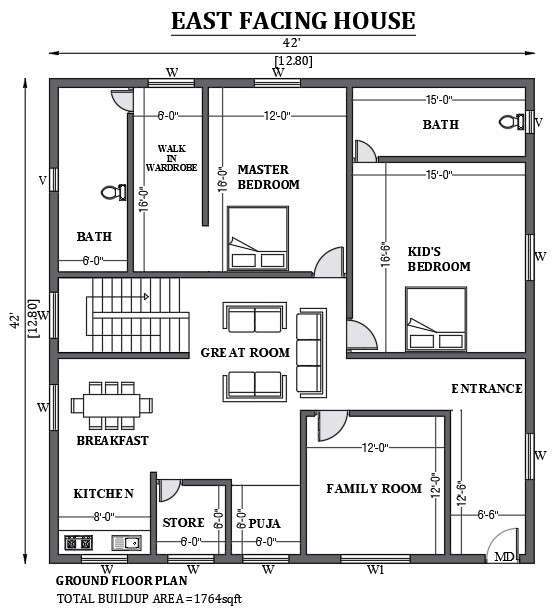 42'x42' East facing house design is given in this FREE 2D Auto cad ...