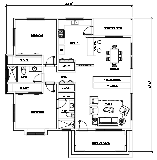 42’x45’ house plan furniture’s CAD drawing - Cadbull