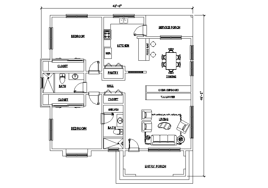 42'x46' Two Bhk Autocad Plan Layout File - Cadbull