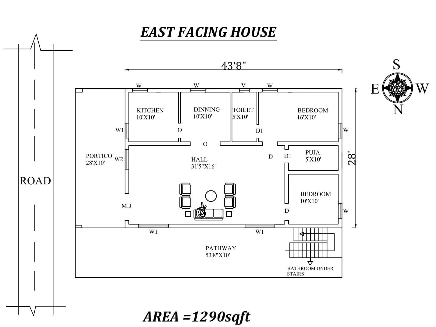 43'8"x28' The Perfect 2bhk East facing House Plan As Per
