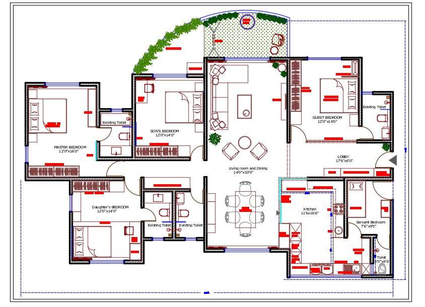 45X65 FT 4 Bedroom House Ground Floor plan With Furniture