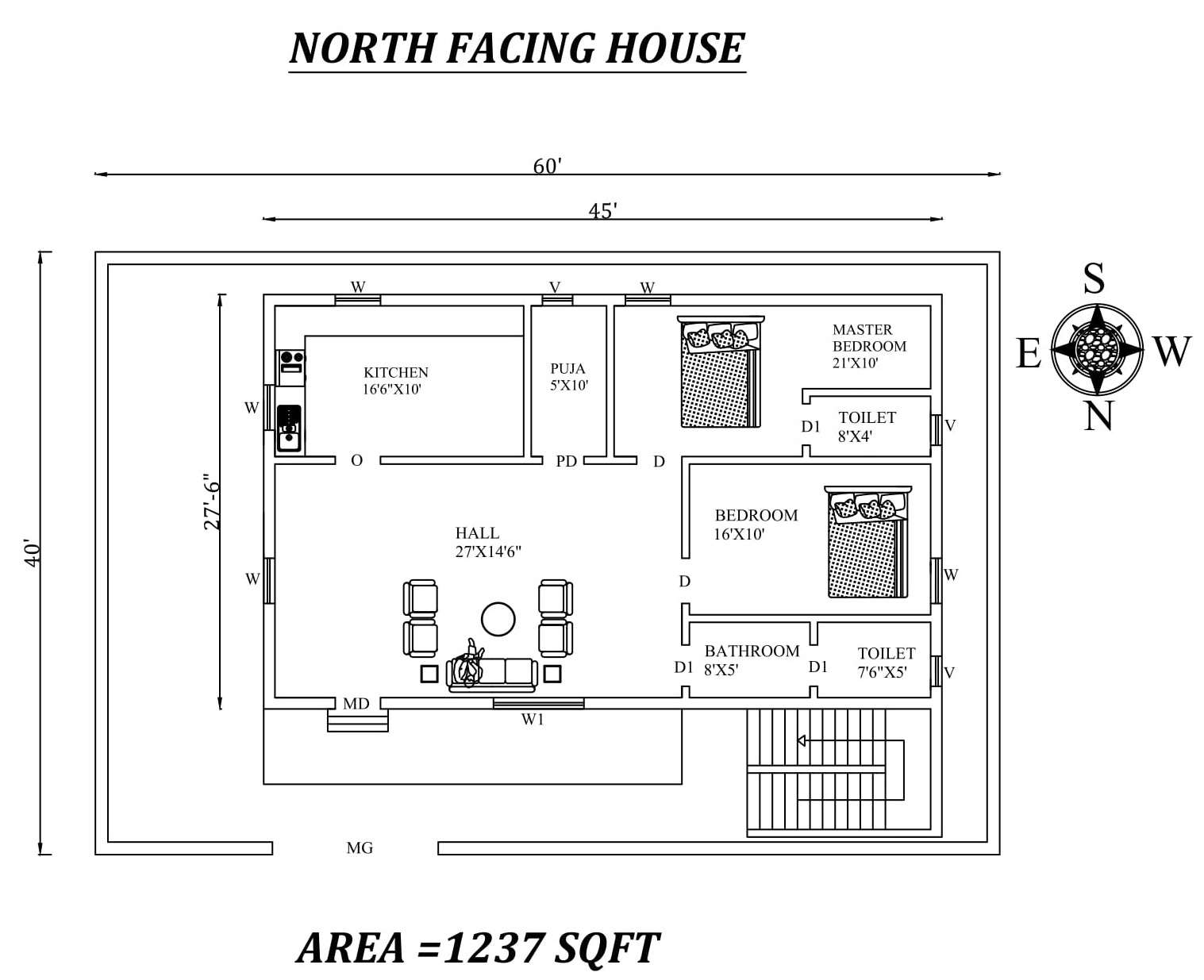 45 X27 6 Amazing North Facing 2bhk House Plan As Per Vastu Shastra Autocad Dwg And Pdf File Details Cadbull