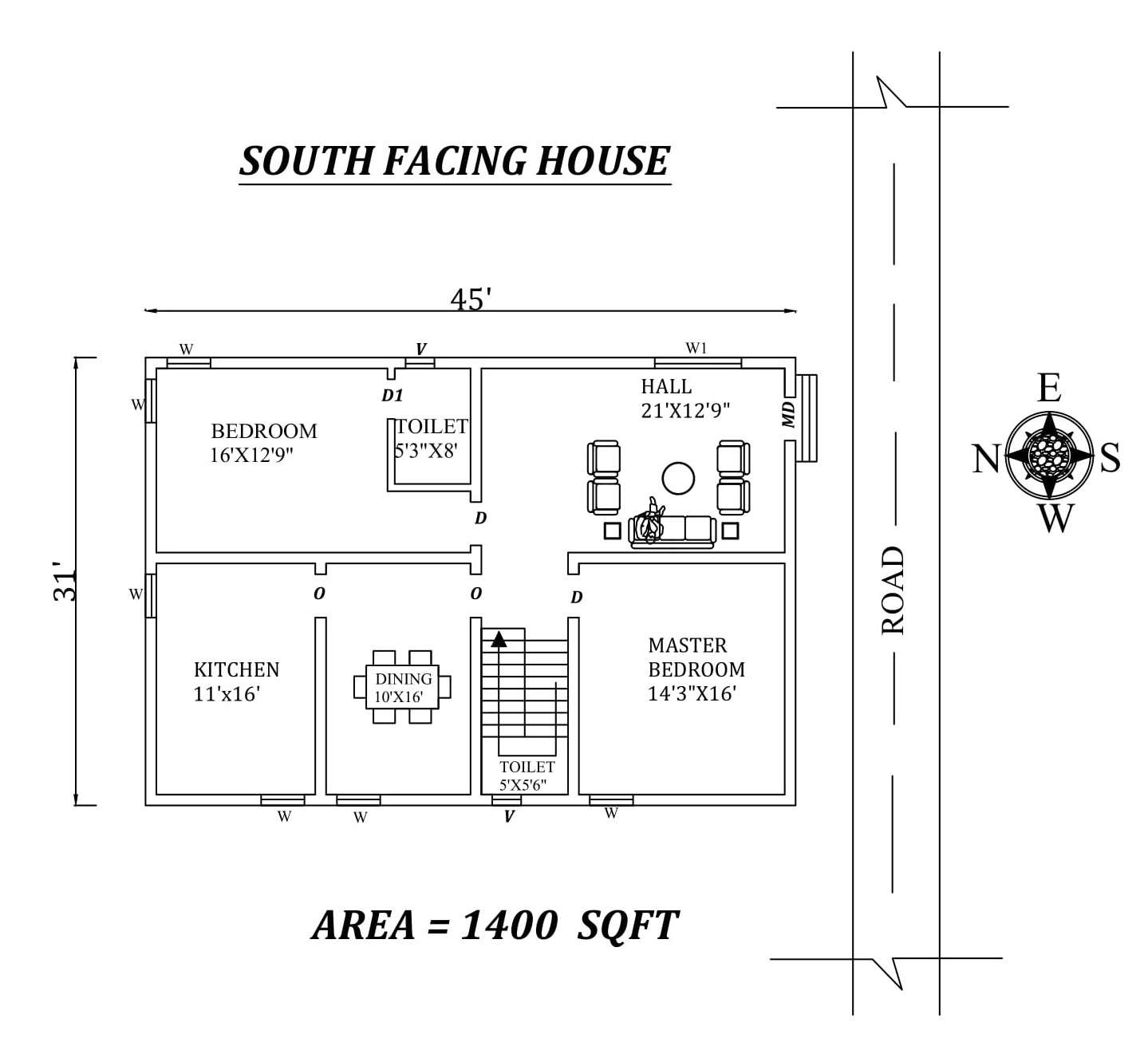 45'x31' South Facing 2BHK House plan as per vasthu shastra, autocad ...