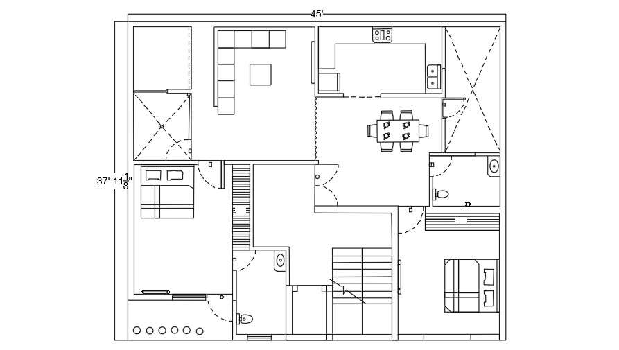 45x38 Feet 2 Bhk Autocad Plan Layout File Cadbull 0312