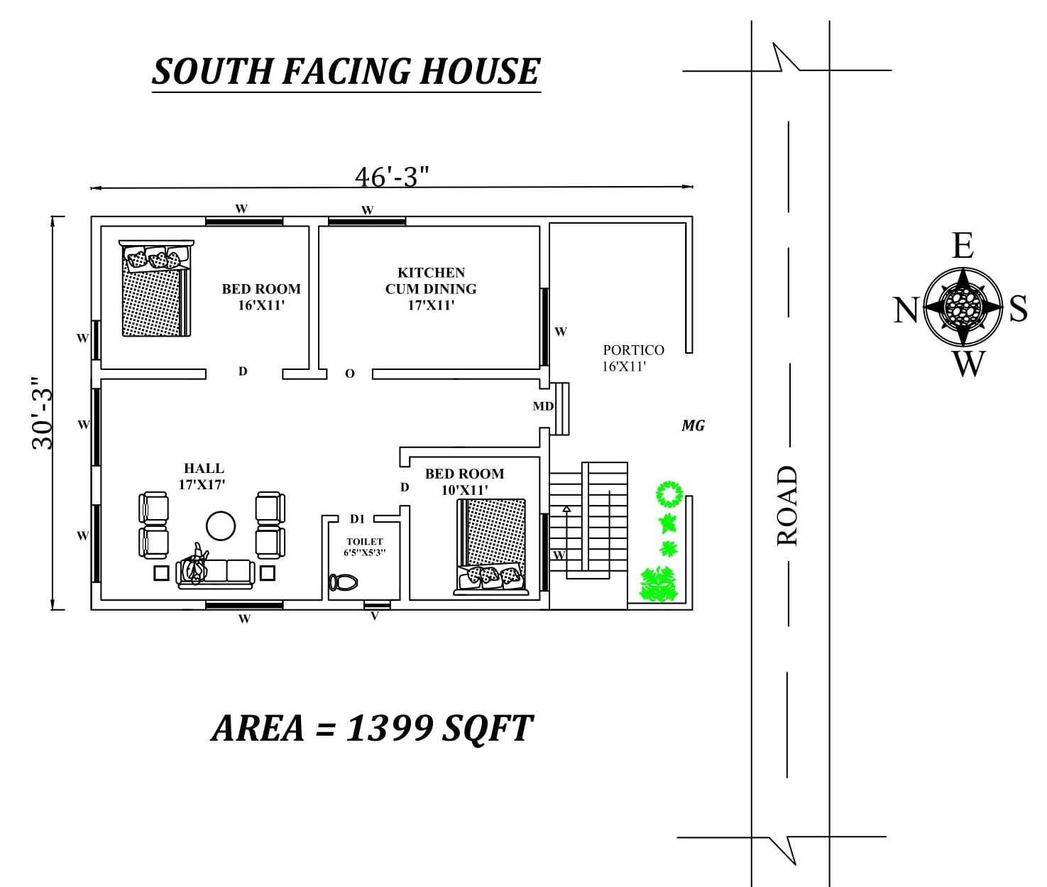 46'x30' 2BHK South facing house plan as per vastu shastra , Autocad dwg