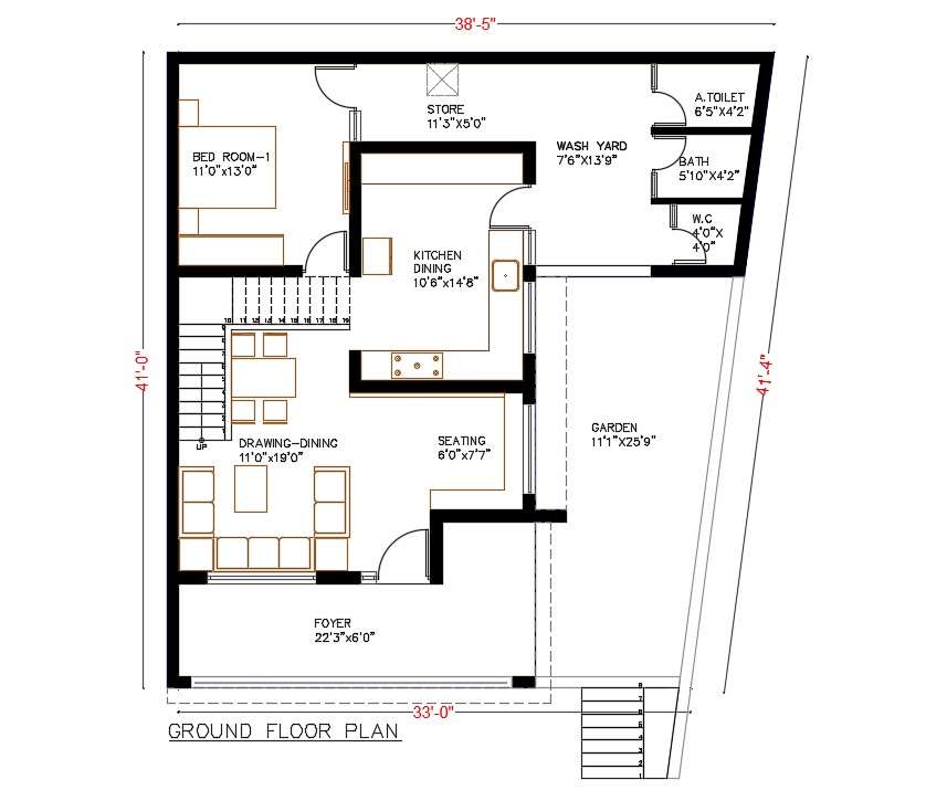 48' X 38' Ground Floor Plan Of House Building Design DWG