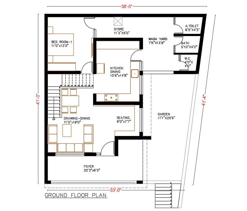 48' X 38' Ground Floor Plan Of House Building Design DWG File Cadbull