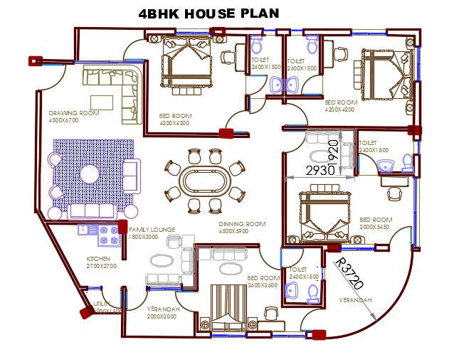 4 Bhk House With Furniture Layout Plan Autocad Drawing Dwg File Cadbull Images And Photos Finder