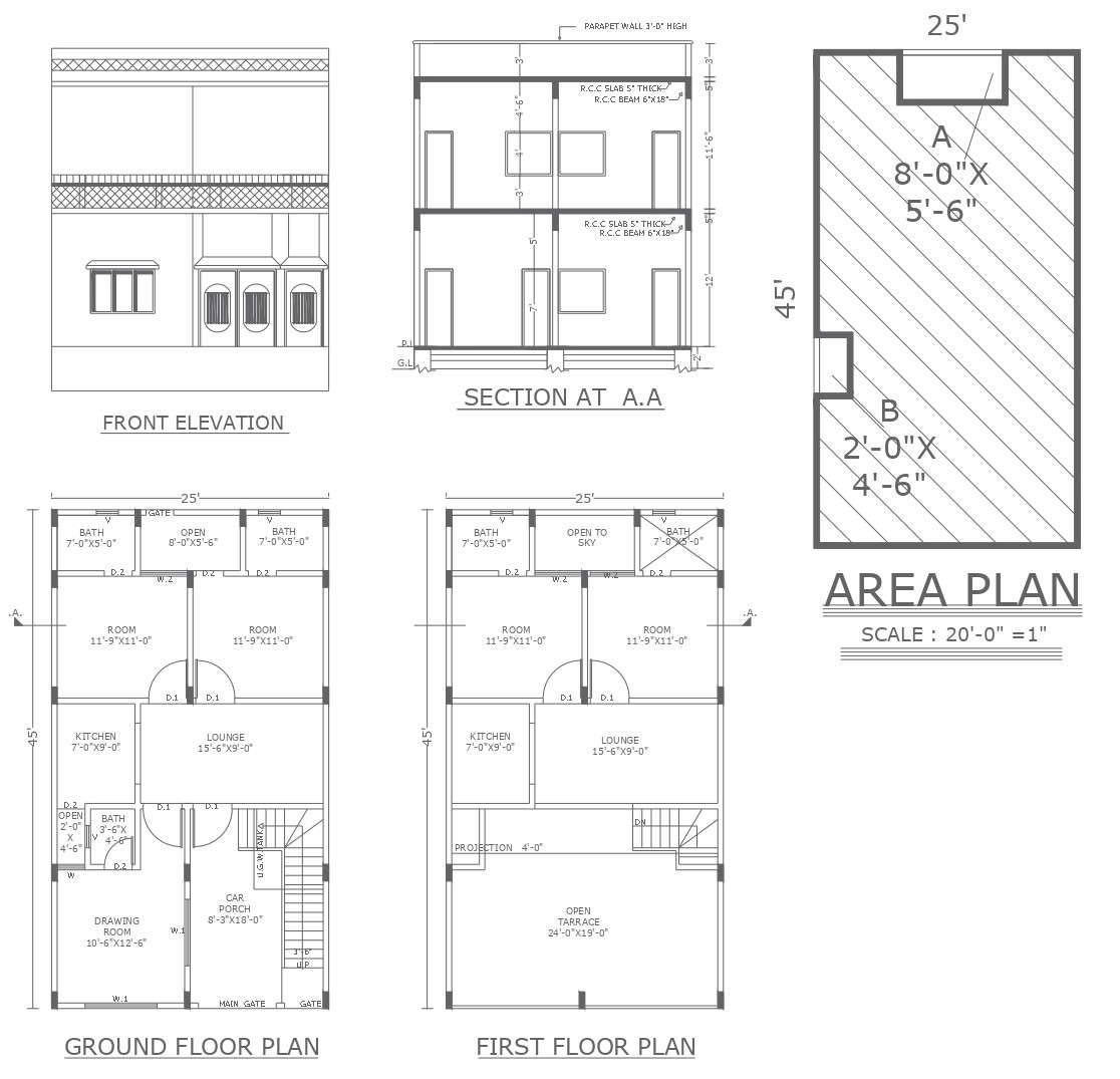 4 BHK Residential Building Floor Plan With Front Elevation and Section ...