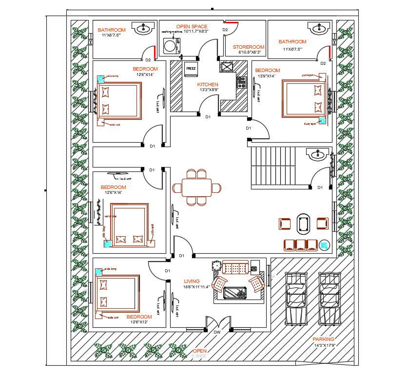 4 Bedroom House AutoCAD Ground Floor Plan Design - Cadbull