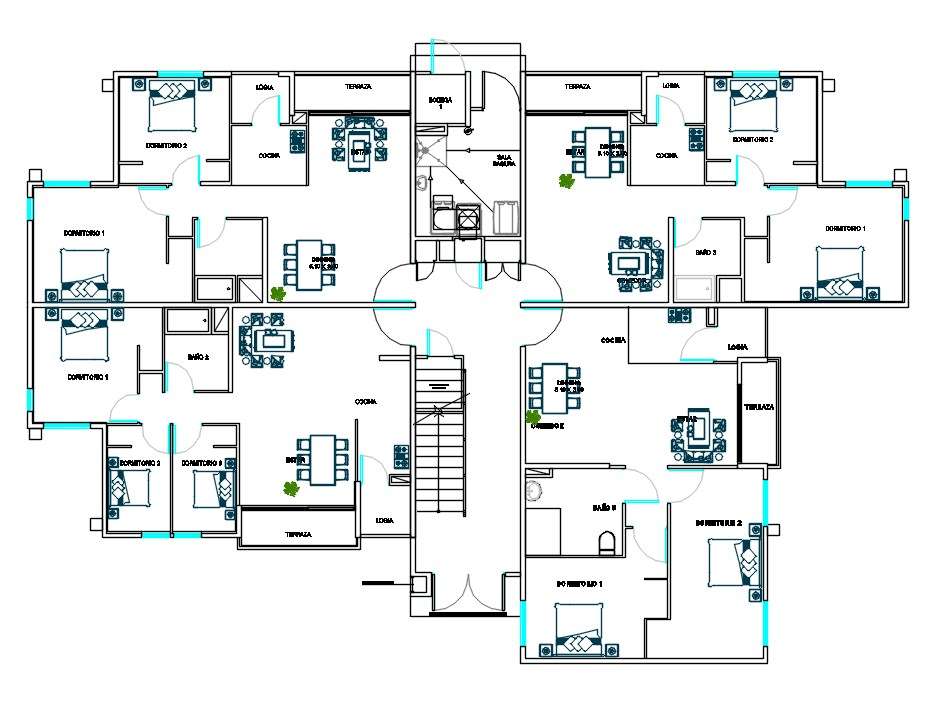 4 Unit Apartment Cluster Layout Plan With Furniture Set Up