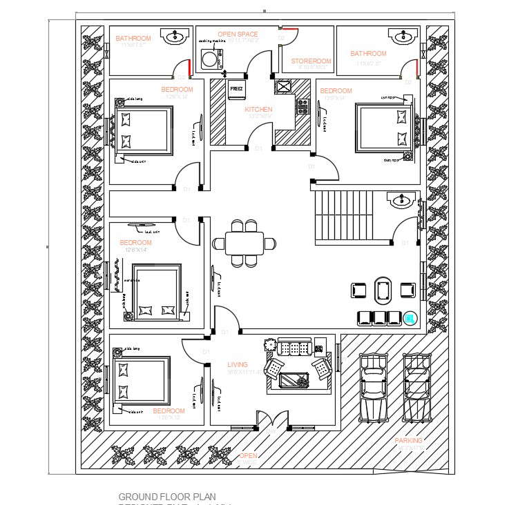 50 X 60 House Plan With Furniture Layout Cad File Cadbull