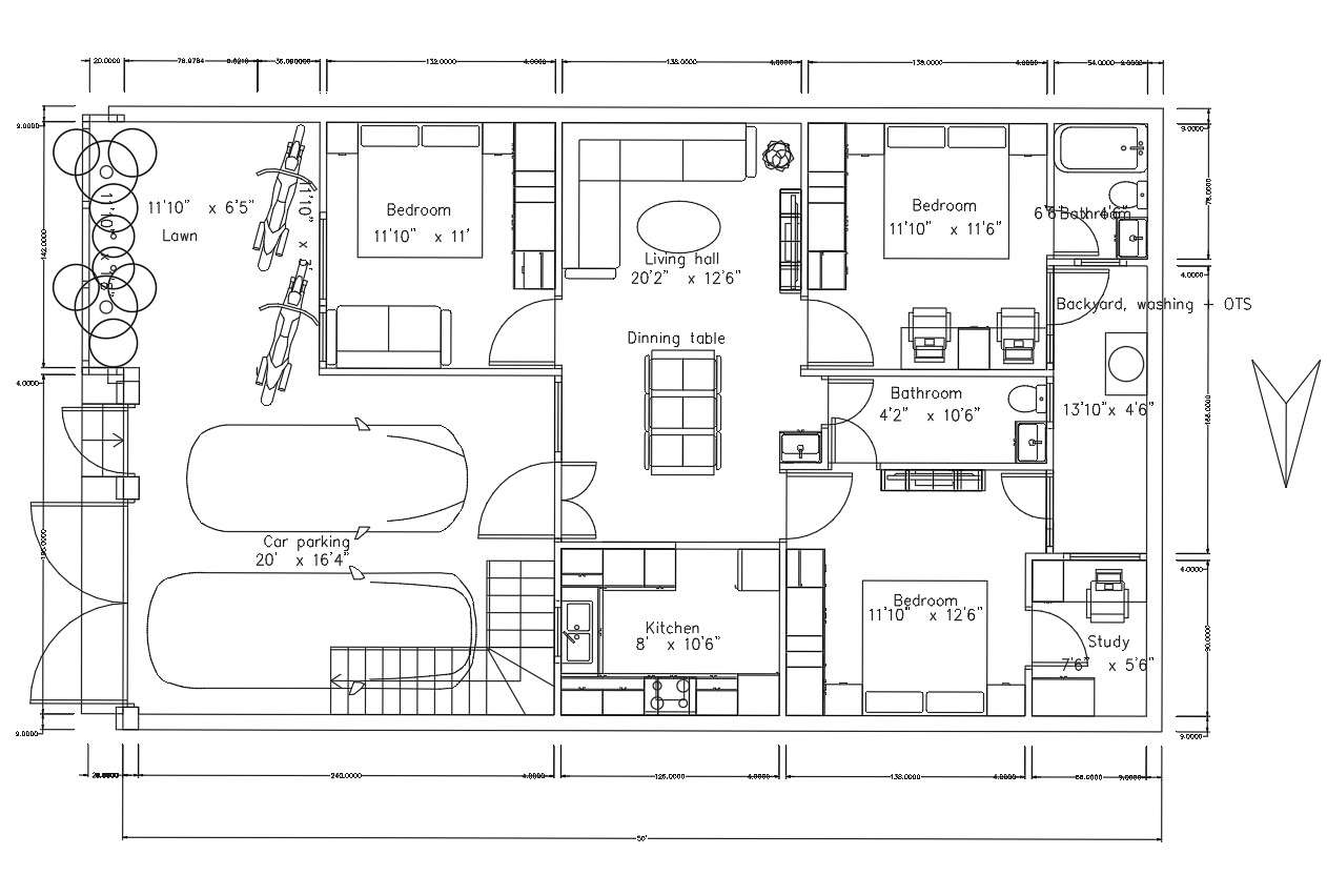 50x30 Feet 2 Bhk House Ground Floor Plan Download Dwg File Cadbull