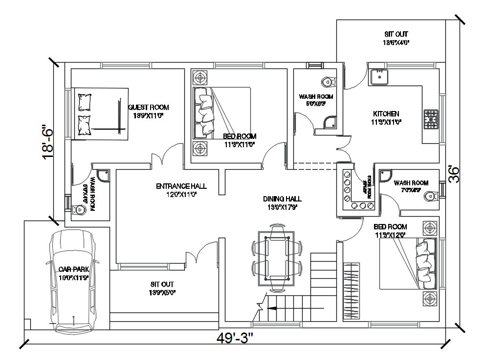 50 X36 Architecture 3 Bhk House Layout Plan Drawing Dwg File Cadbull