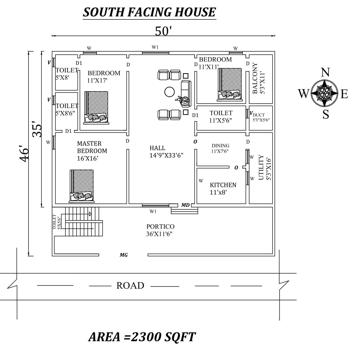 50'X46' 3bhk South facing House Plan As Per Vastu Shastra. Autocad DWG ...