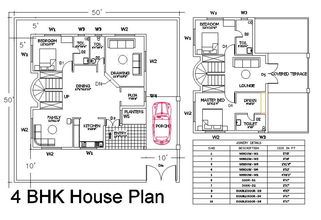 50X50 House Plans AutoCAD Drawing DWG File (2500 Square
